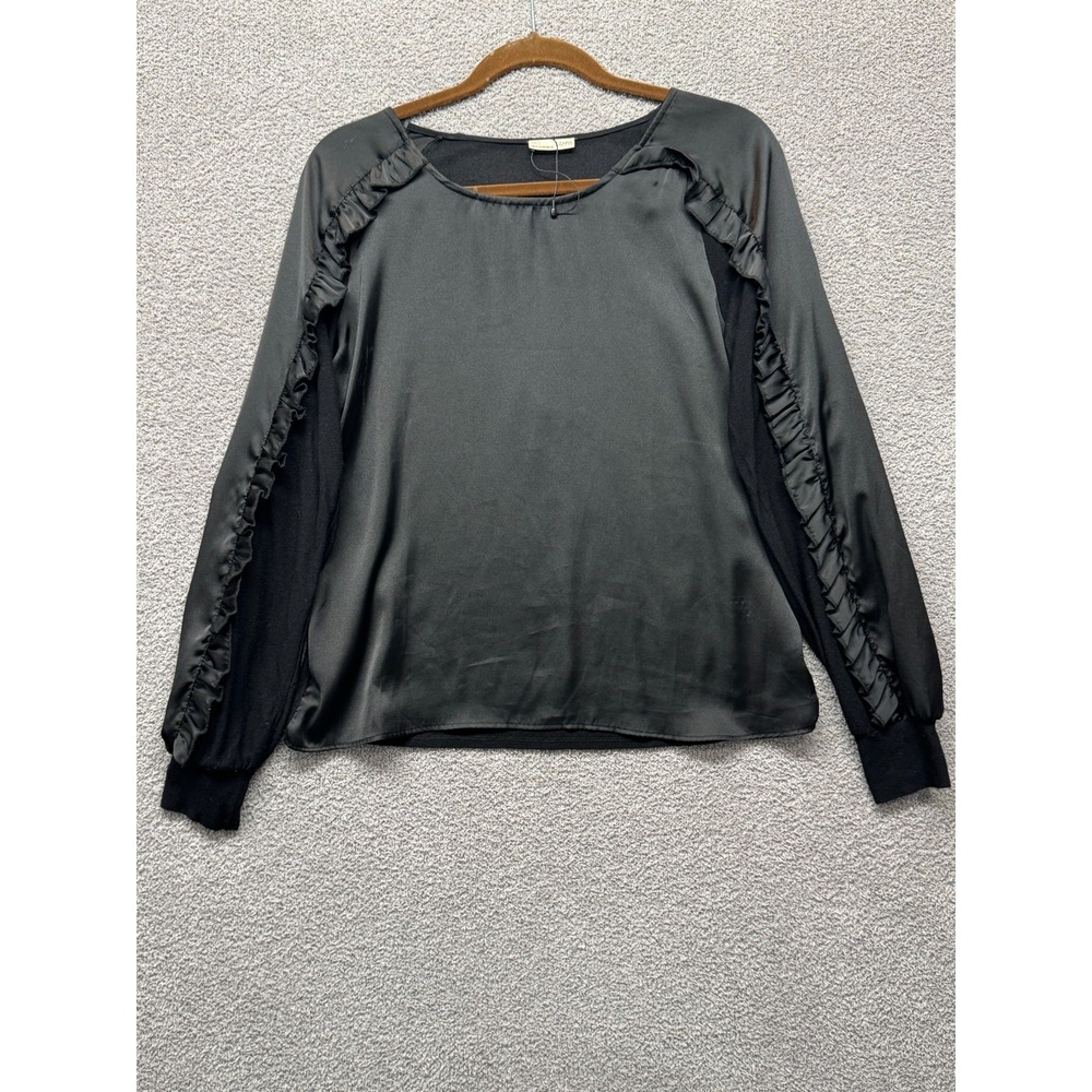 ZARA Collection Black Ruffle Sleeve Satin Front Knit Top Blouse Women's M